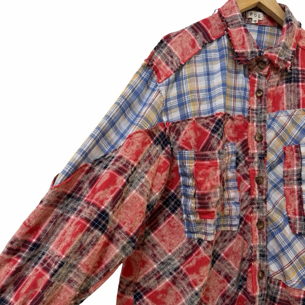 POL Womens Patchwork Flannel Plaid Button Up Shirt S Red Western Boho Raw Hem - Picture 4 of 9